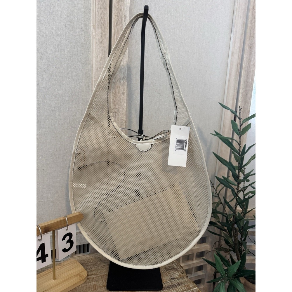 Designer Mesh Tote Bag Cream Color With Inner Pouch Chic Accessory - Picture 4 of 5